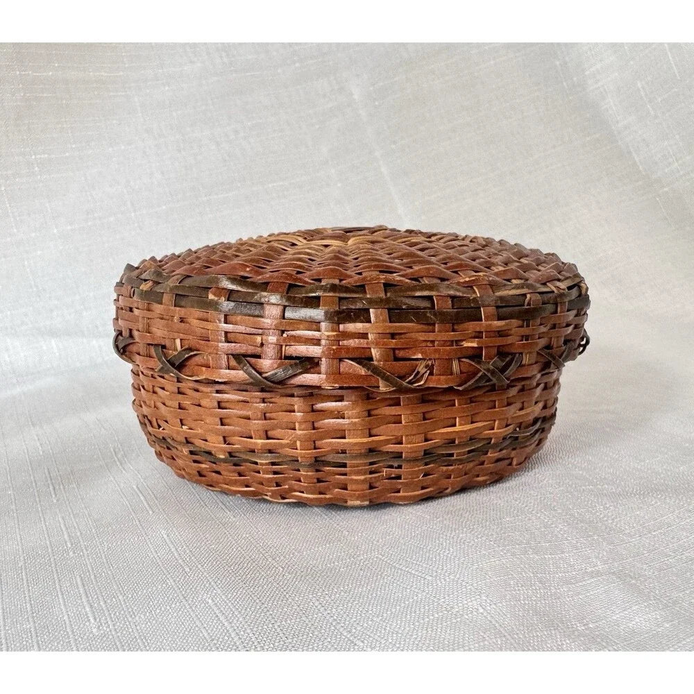 Vintage Trinket Basket Native American Style Lid Ash Splint Wood Woven Folk Art